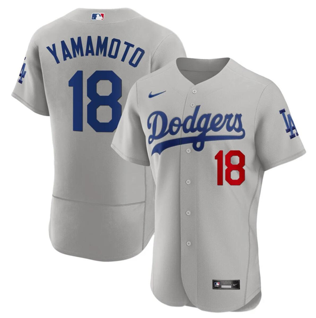 Men's Los Angeles Dodgers #18 Yoshinobu Yamamoto Gray 2023 Flex Base Stitched Baseball Jersey